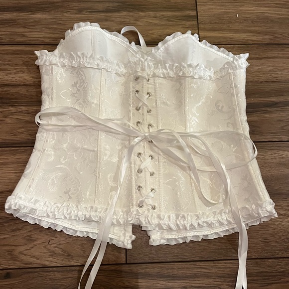 New White Brocade Jacquard Lace Up Corset Bustier Lingerie Shapewear Top - Picture 8 of 11